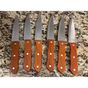 6 Jumbo Steak Knife Wood Handle Serrated Stainless Blade China 9" Never Used